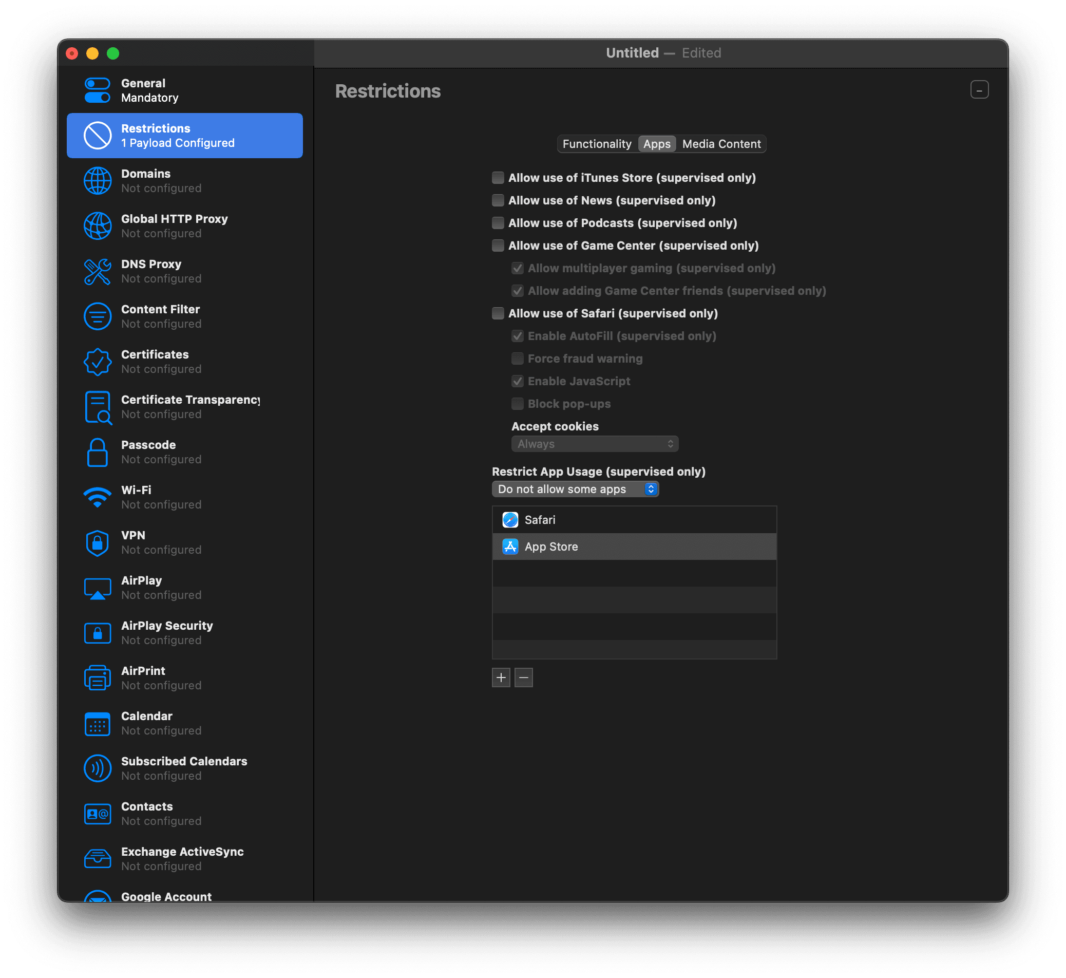 Blocked apps in Apple Configurator