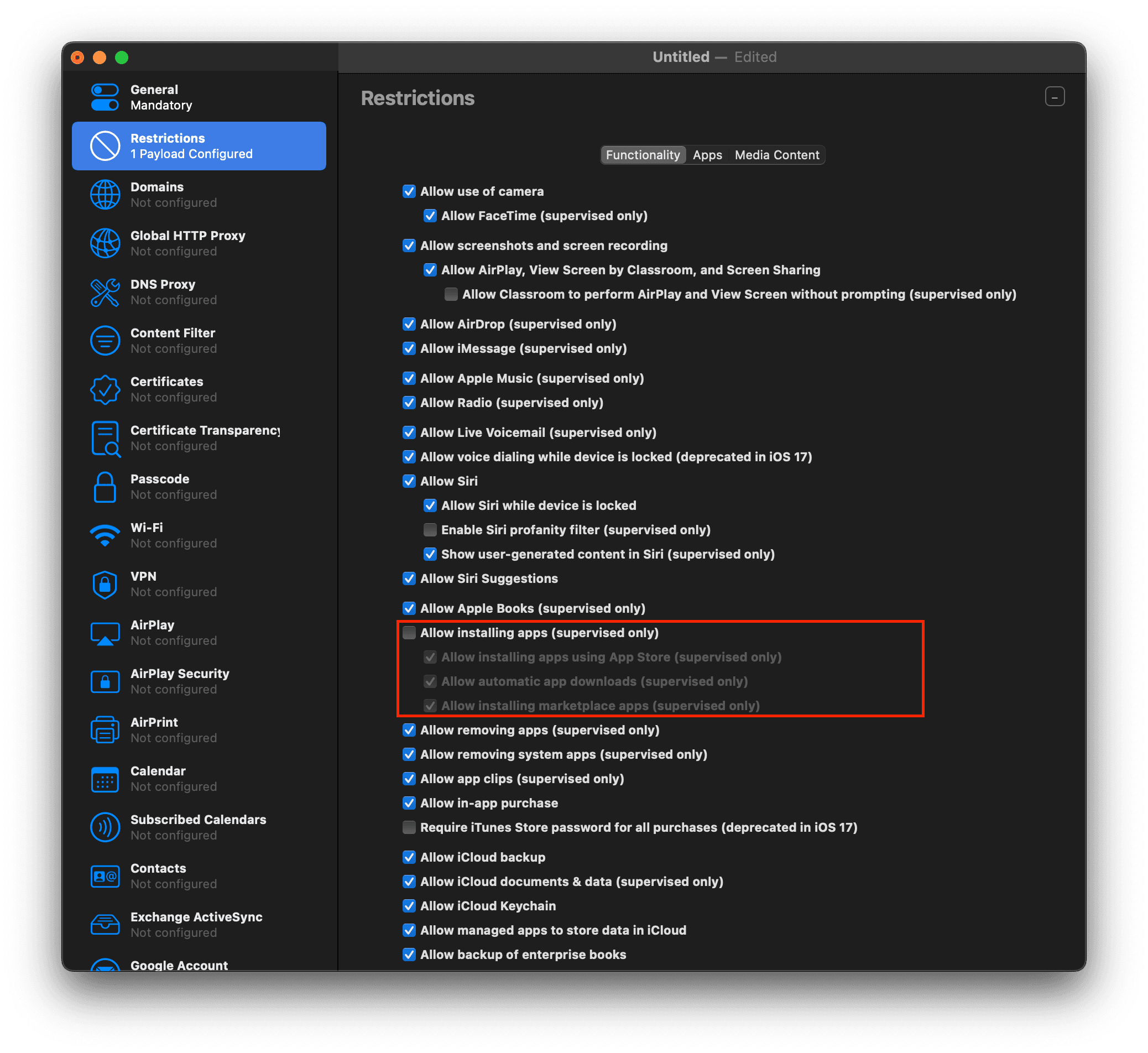 Apple Configurator restrictions settings