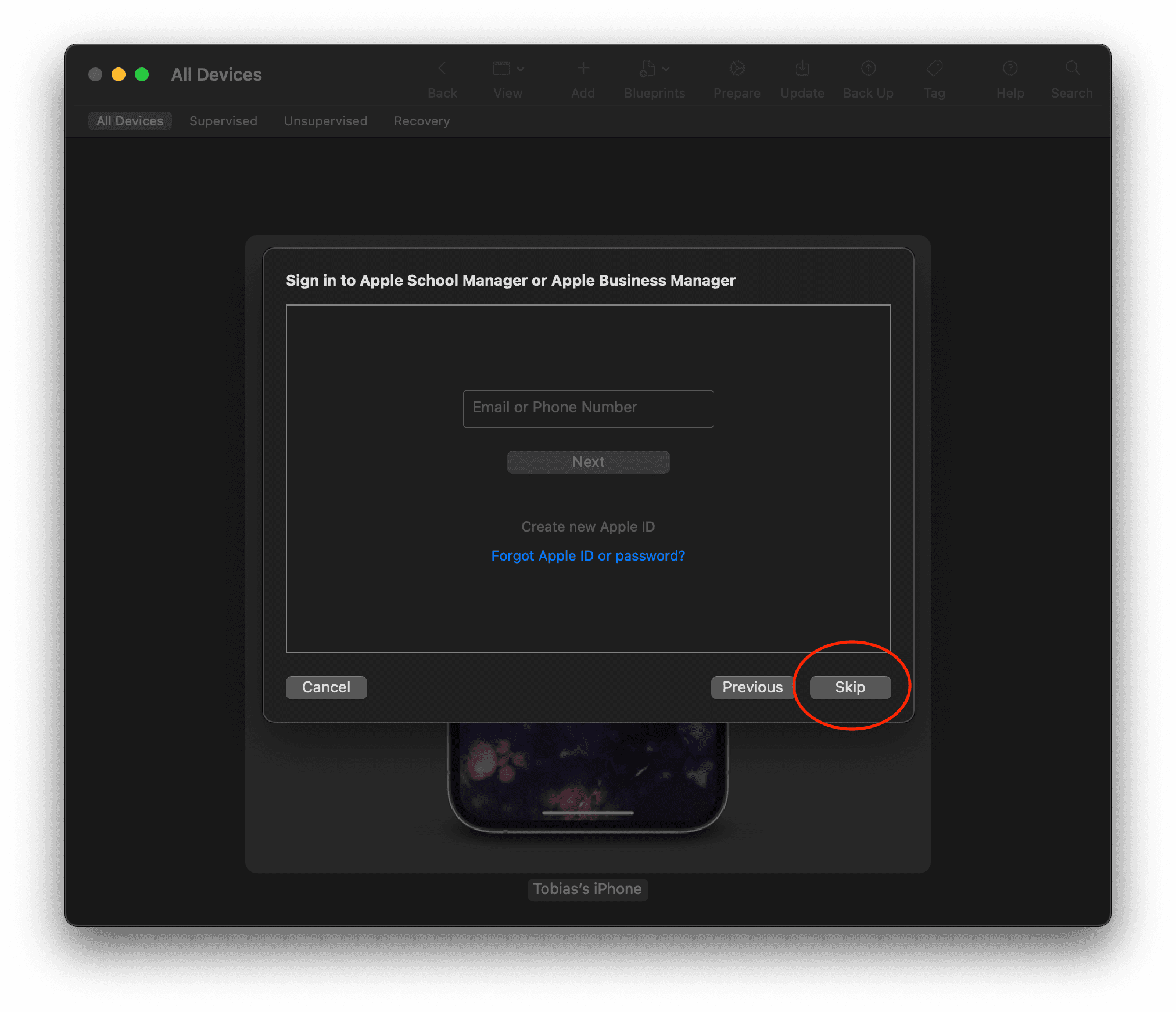 Skip the phone number or email step in Apple Configurator