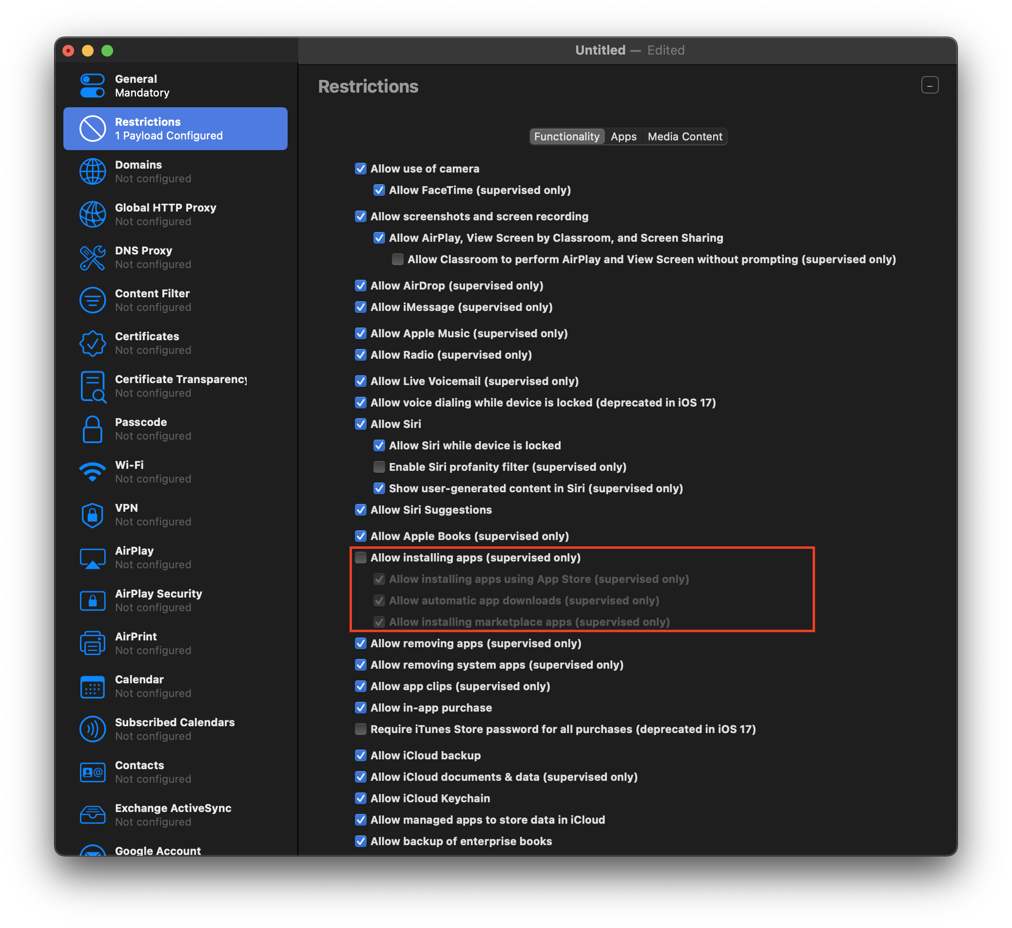 Apple Configurator restrictions settings